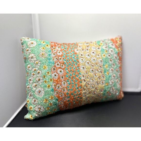 Pier 1 Beaded Throw Lumbar pillow‎ Cushion Embroidered Floral Accent Decorative - Picture 1 of 7